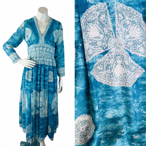 Blue & White Lace Print 60s/70s Maxi Dress