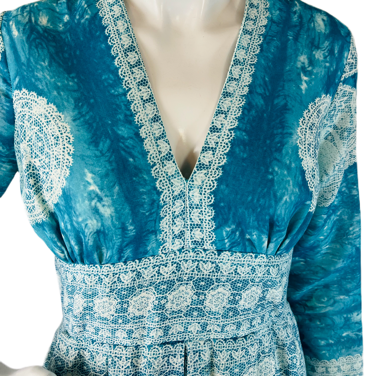 Blue & White Lace Print 60s/70s Maxi Dress — vintage 1960s Avalon Classics, Inc dress in white, blue