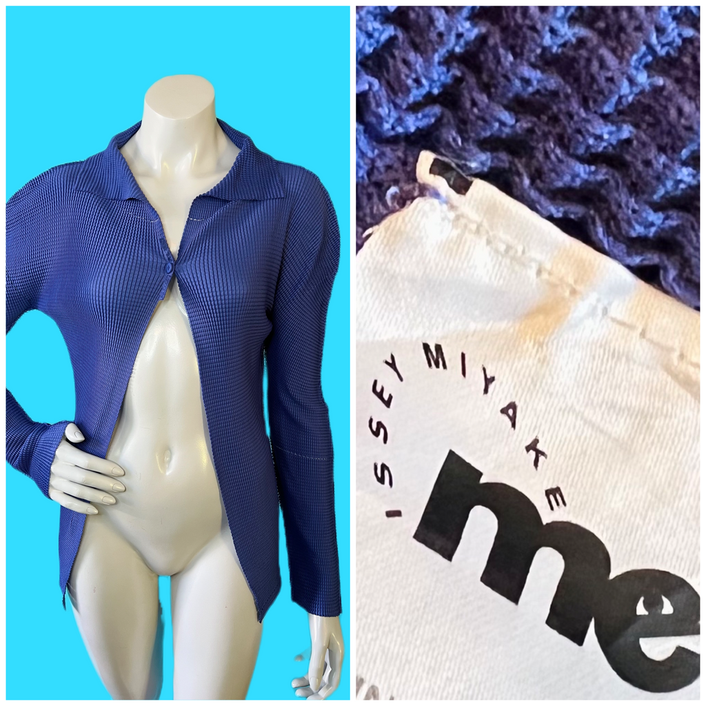 Issey Miyake Sculptural Indigo Blue Mini Duster Mesh Pleated Jacket — vintage Issey Miyake jacket in blue
