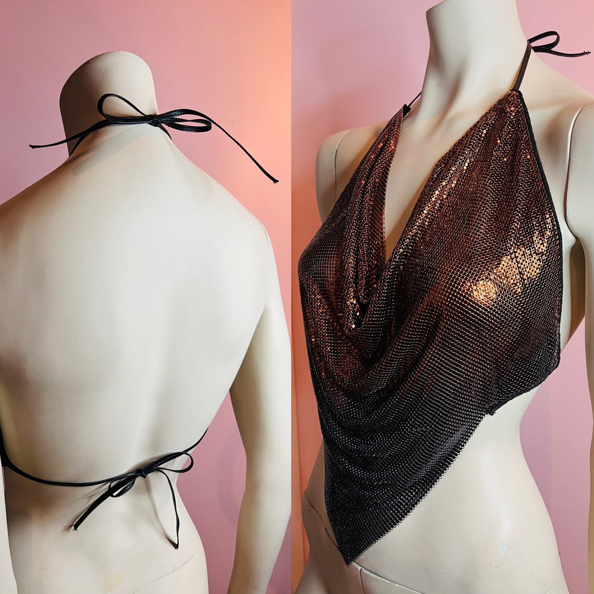 Ferrara Ombré Copper Gunmetal Mesh Halter Top — vintage Ferrara top in silver, brown