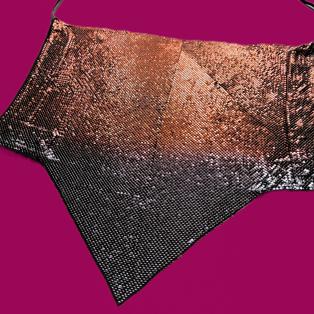 Ferrara Ombré Copper Gunmetal Mesh Halter Top — vintage Ferrara top in silver, brown