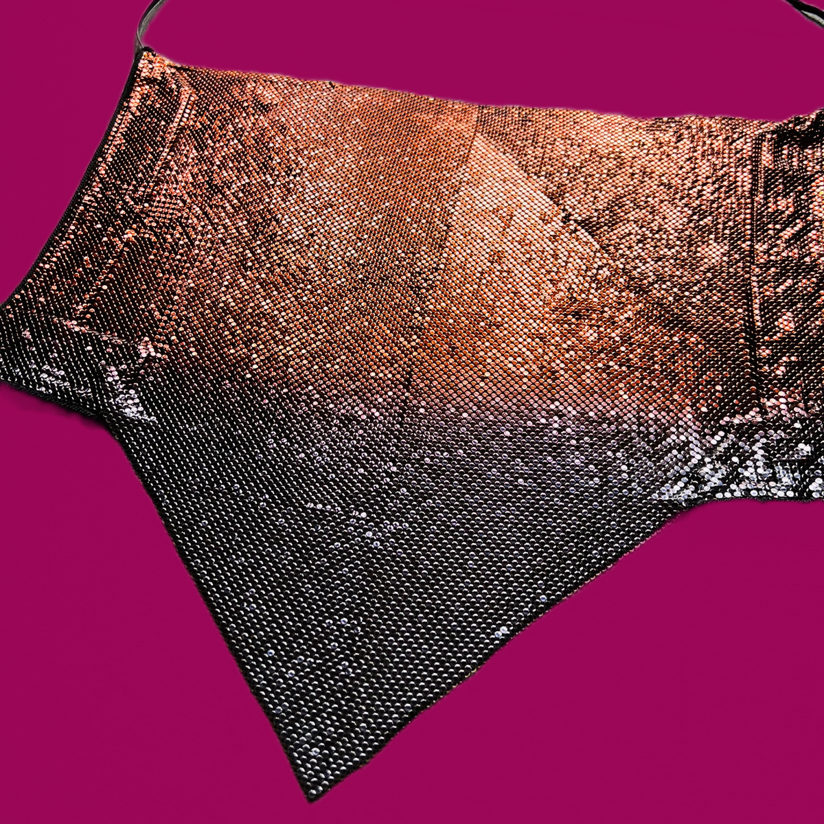 Ferrara Ombré Copper Gunmetal Mesh Halter Top — vintage Ferrara top in silver, brown