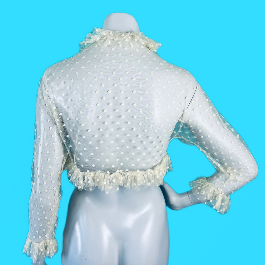 1930s Swiss Dot Mesh Lace Cropped Ruffle Jacket — vintage 1930s jacket in white, ivory