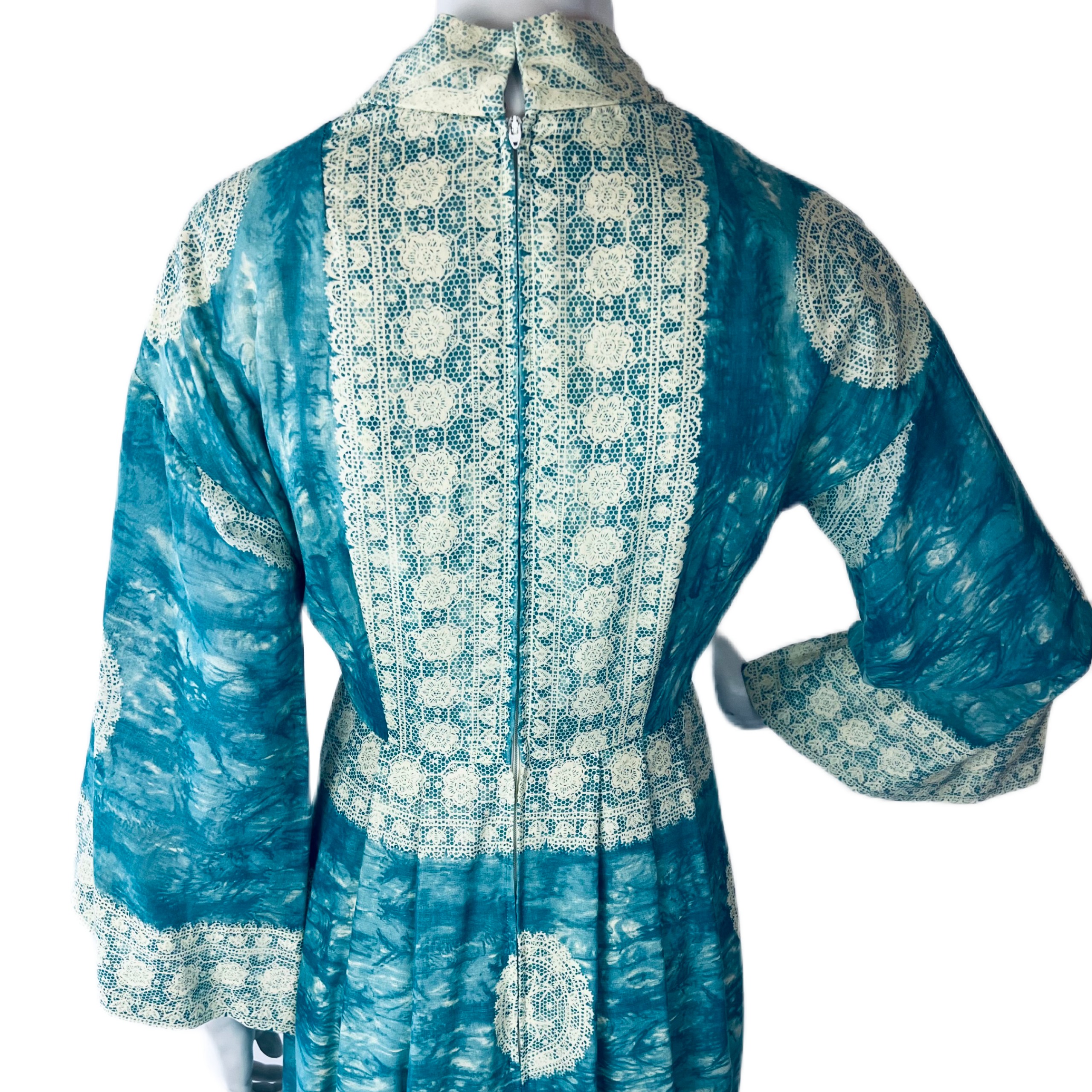 Saks Fifth Avenue Lace Print Bell Sleeve 60s/70s Maxi Dress — vintage 1960s Saks Fifth Avenue dress
