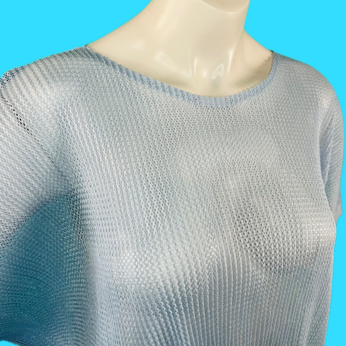 Issey Miyake Sky Blue Pleats Please Cropped Mesh Top — vintage Issey Miyake top in blue