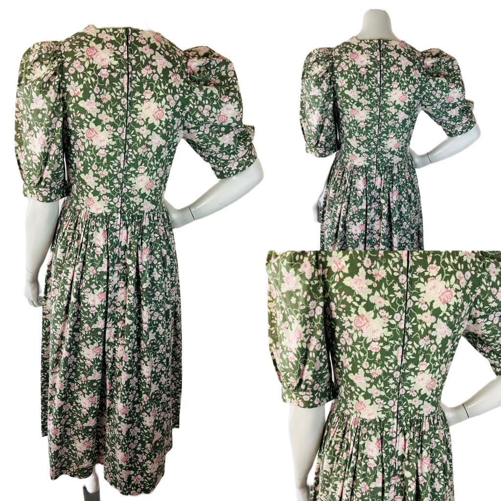 Laura Ashley Sage Green Rose Print Puff Sleeve Floral Dress — vintage Laura Ashley dress in pink, green
