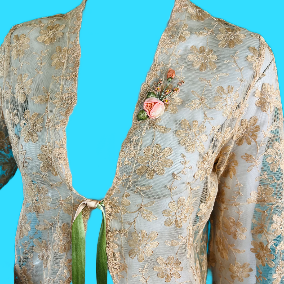 1930s Tea Dyed Floral Lace Sheer Jacket — vintage 1930s jacket in pink, green