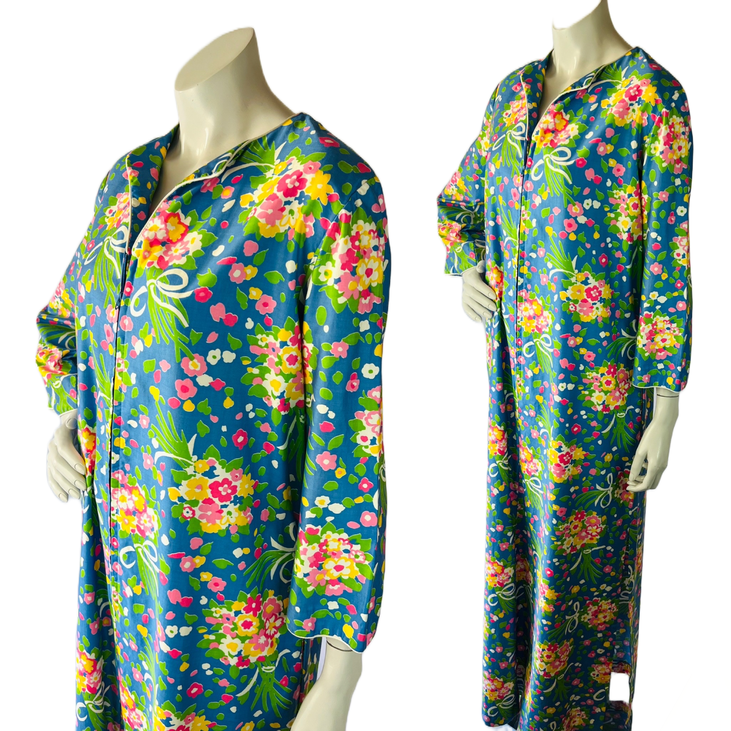60s/70s Polished Cotton Flower Bouquet Print Zip Up Caftan — vintage 1960s Gerry caftan in white, blue
