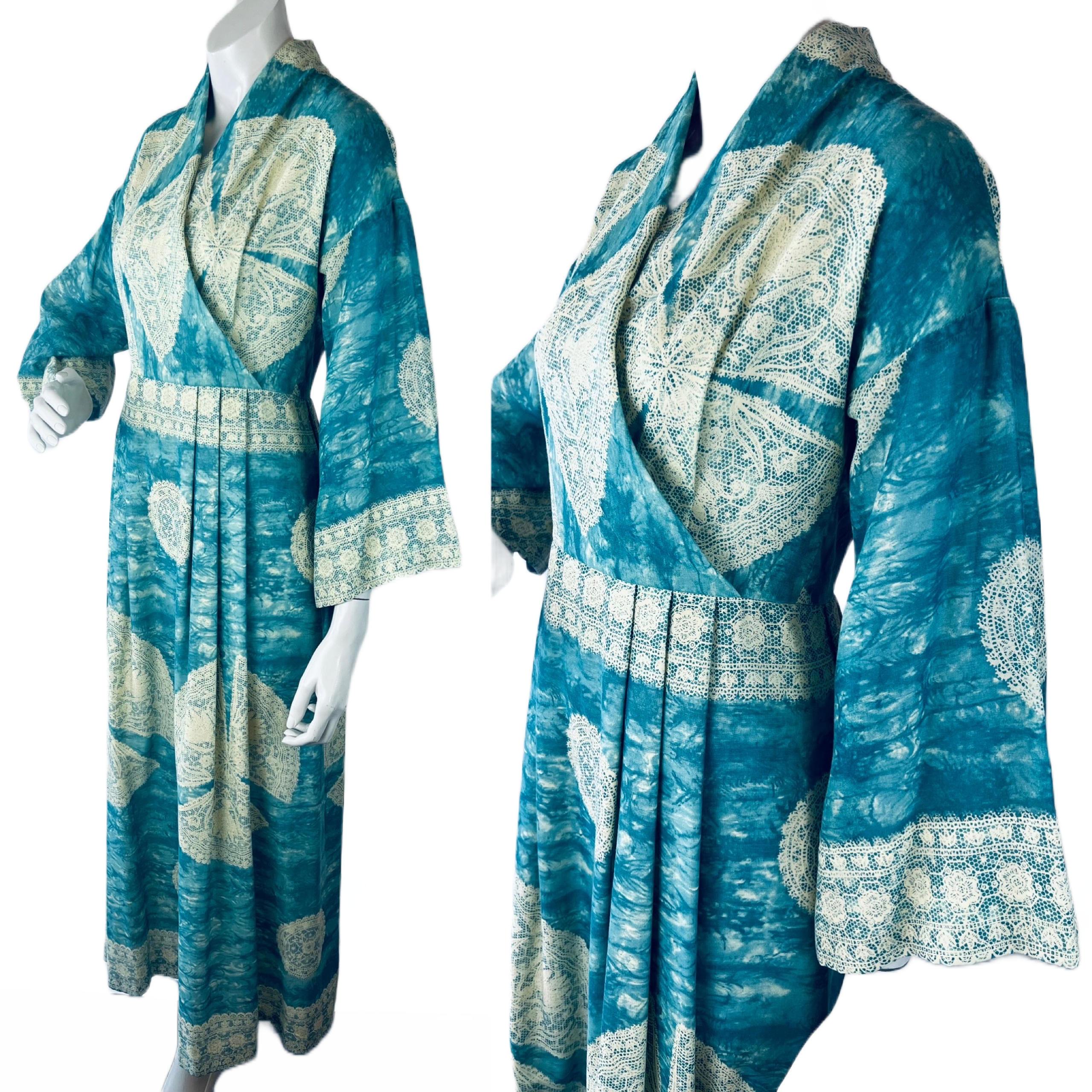 Saks Fifth Avenue Lace Print Bell Sleeve 60s/70s Maxi Dress — vintage 1960s Saks Fifth Avenue dress