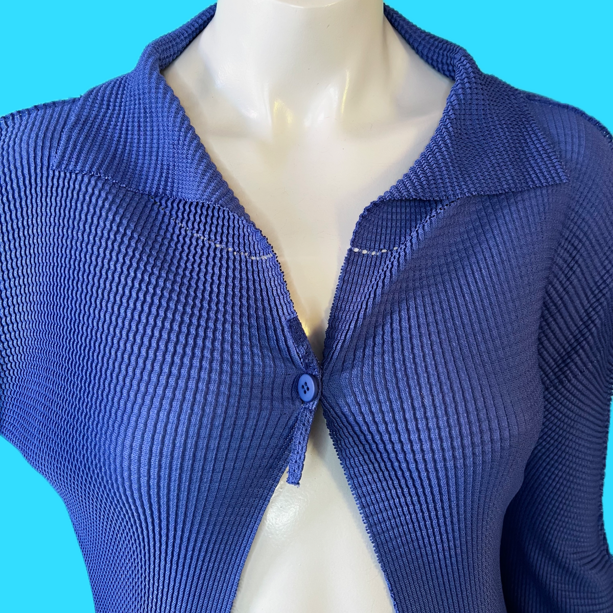Issey Miyake Sculptural Indigo Blue Mini Duster Mesh Pleated Jacket — vintage Issey Miyake jacket in blue