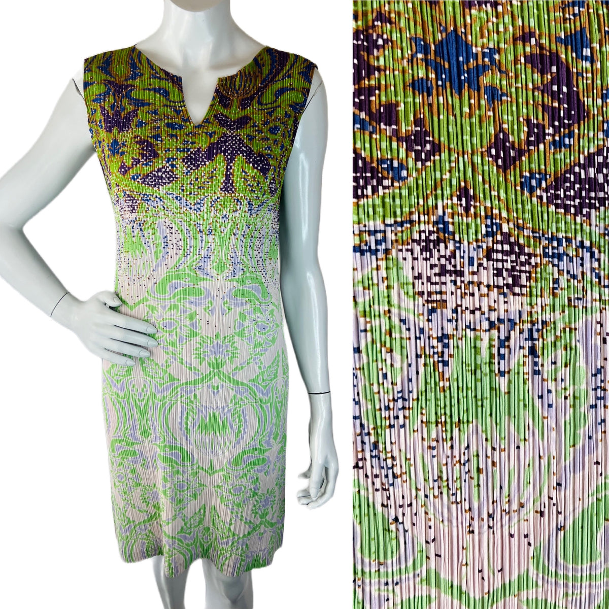 Issey Miyake Art Nouveau Print Pleated Dress — vintage Issey Miyake dress in green, purple