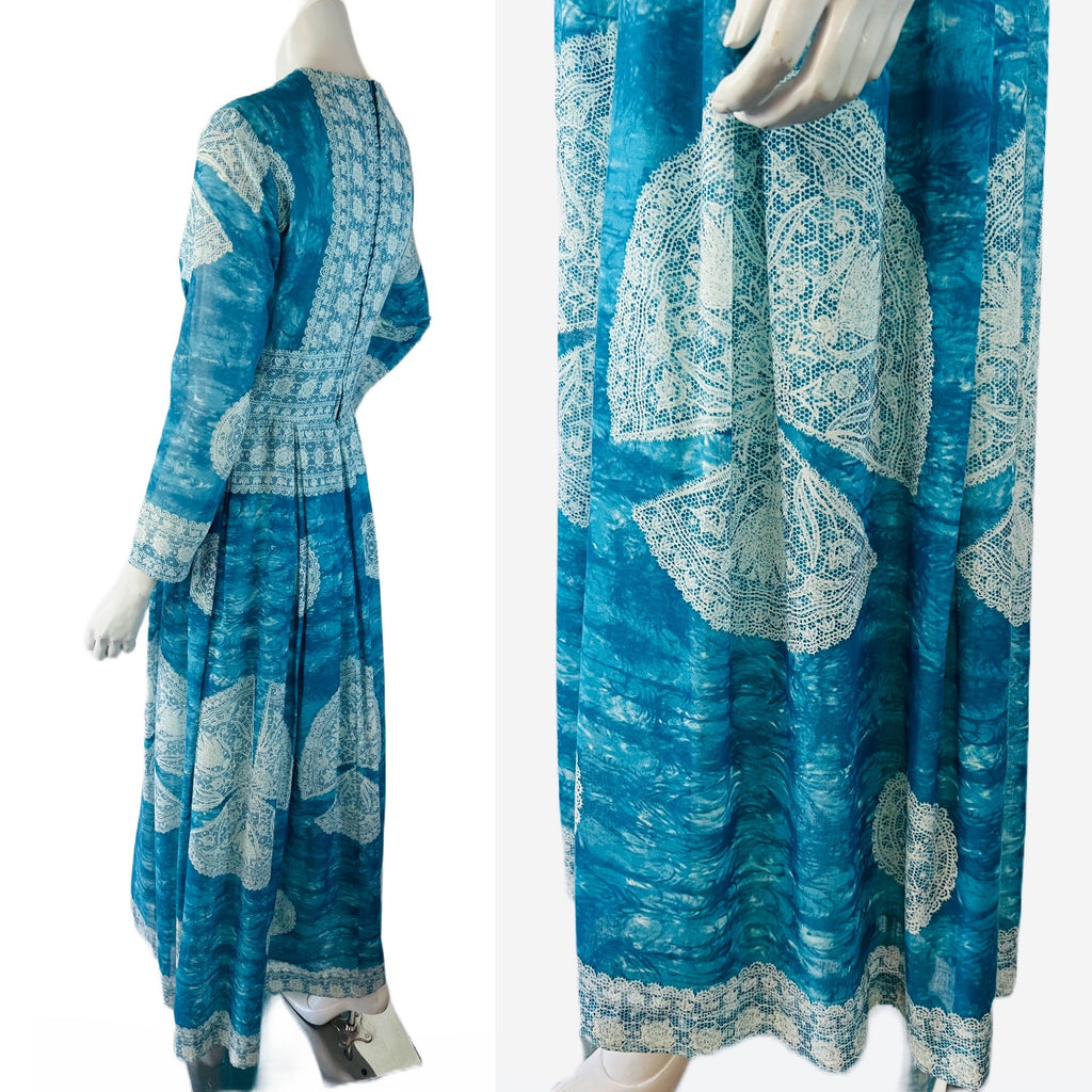 Blue & White Lace Print 60s/70s Maxi Dress — vintage 1960s Avalon Classics, Inc dress in white, blue