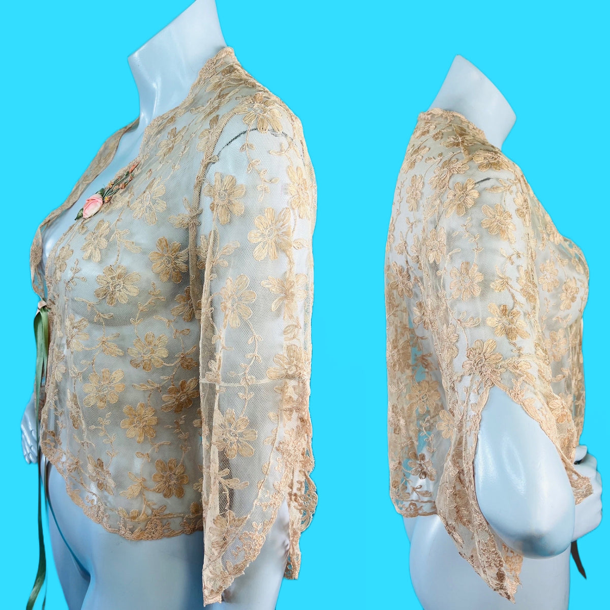 1930s Tea Dyed Floral Lace Sheer Jacket — vintage 1930s jacket in pink, green
