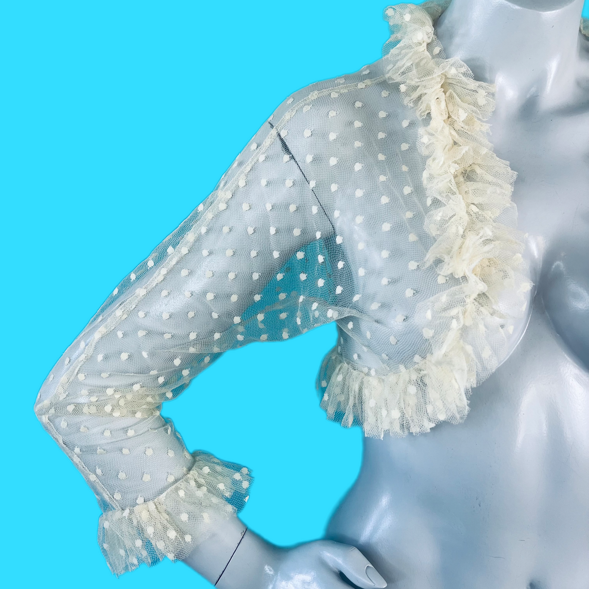 1930s Swiss Dot Mesh Lace Cropped Ruffle Jacket — vintage 1930s jacket in white, ivory