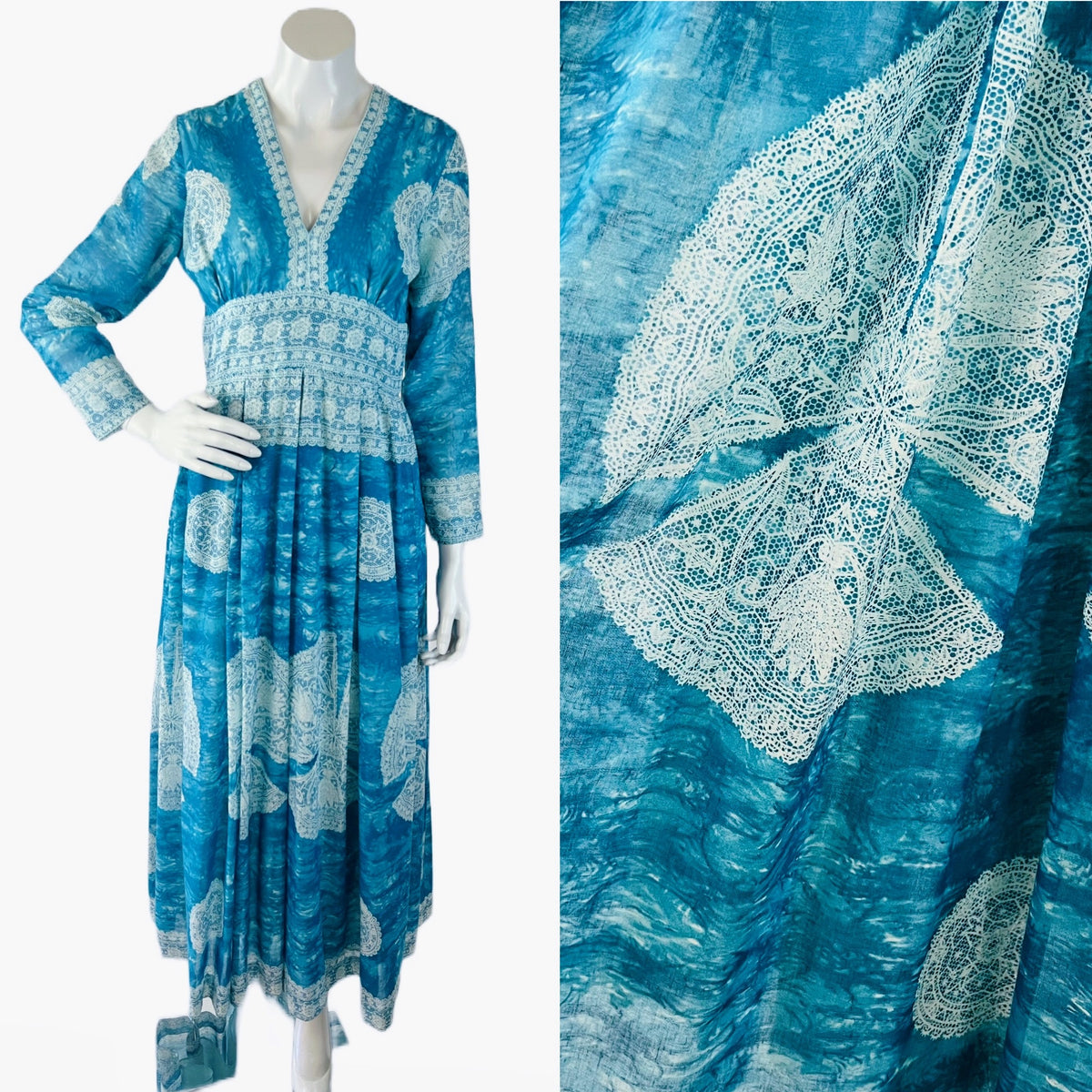 Blue & White Lace Print 60s/70s Maxi Dress — vintage 1960s Avalon Classics, Inc dress in white, blue