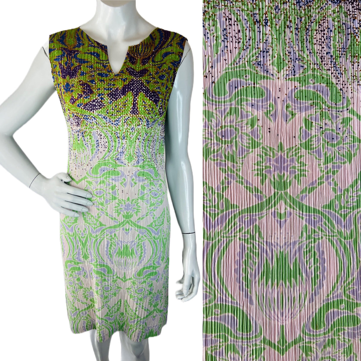 Issey Miyake green, purple, lavender pleated print dress available now.