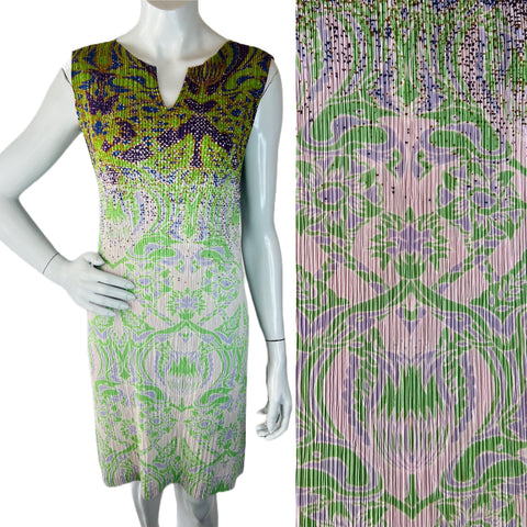 Issey Miyake green, purple, lavender pleated print dress available now.