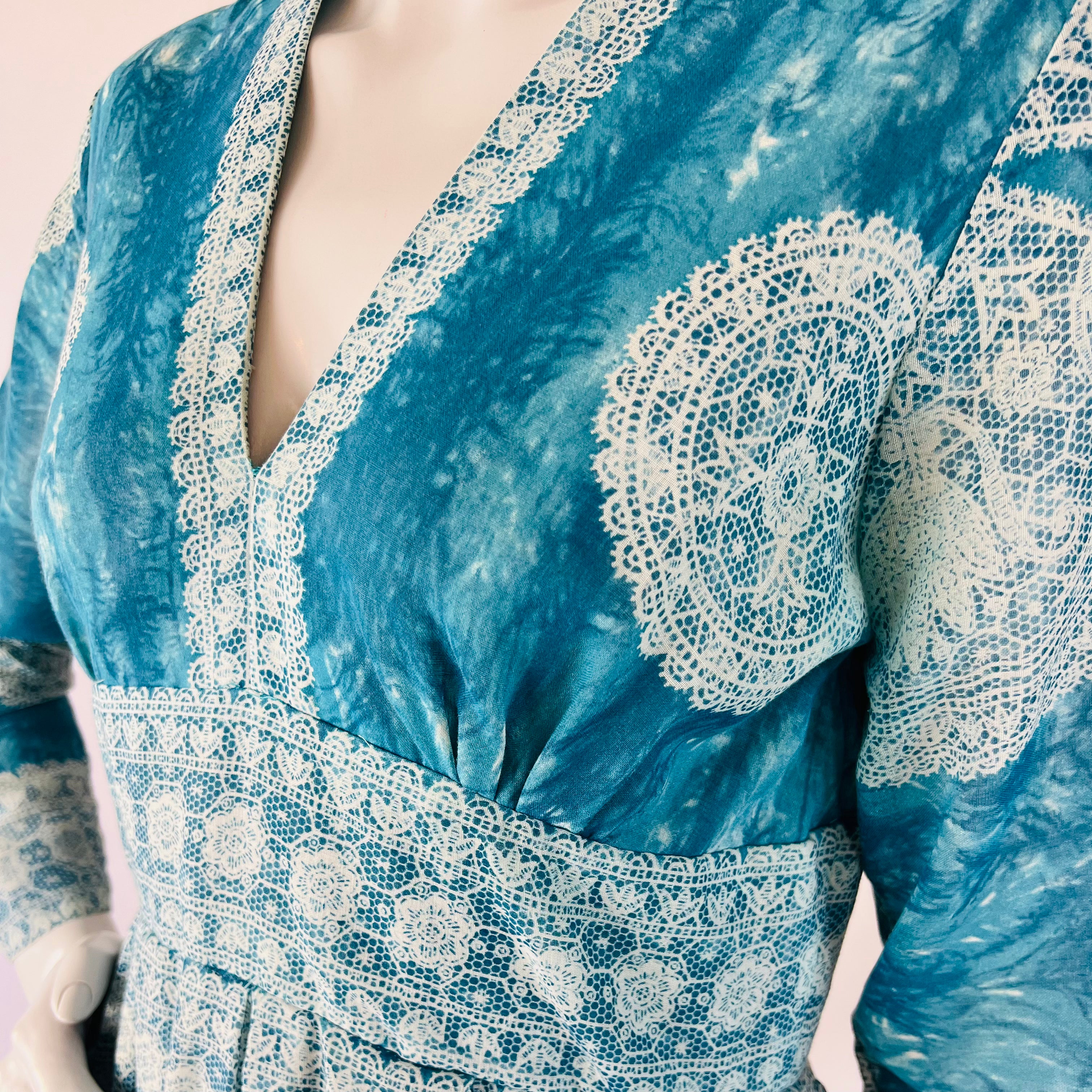 Blue & White Lace Print 60s/70s Maxi Dress — vintage 1960s Avalon Classics, Inc dress in white, blue