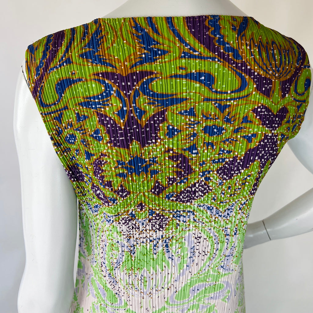 Issey Miyake Art Nouveau Print Pleated Dress — vintage Issey Miyake dress in green, purple