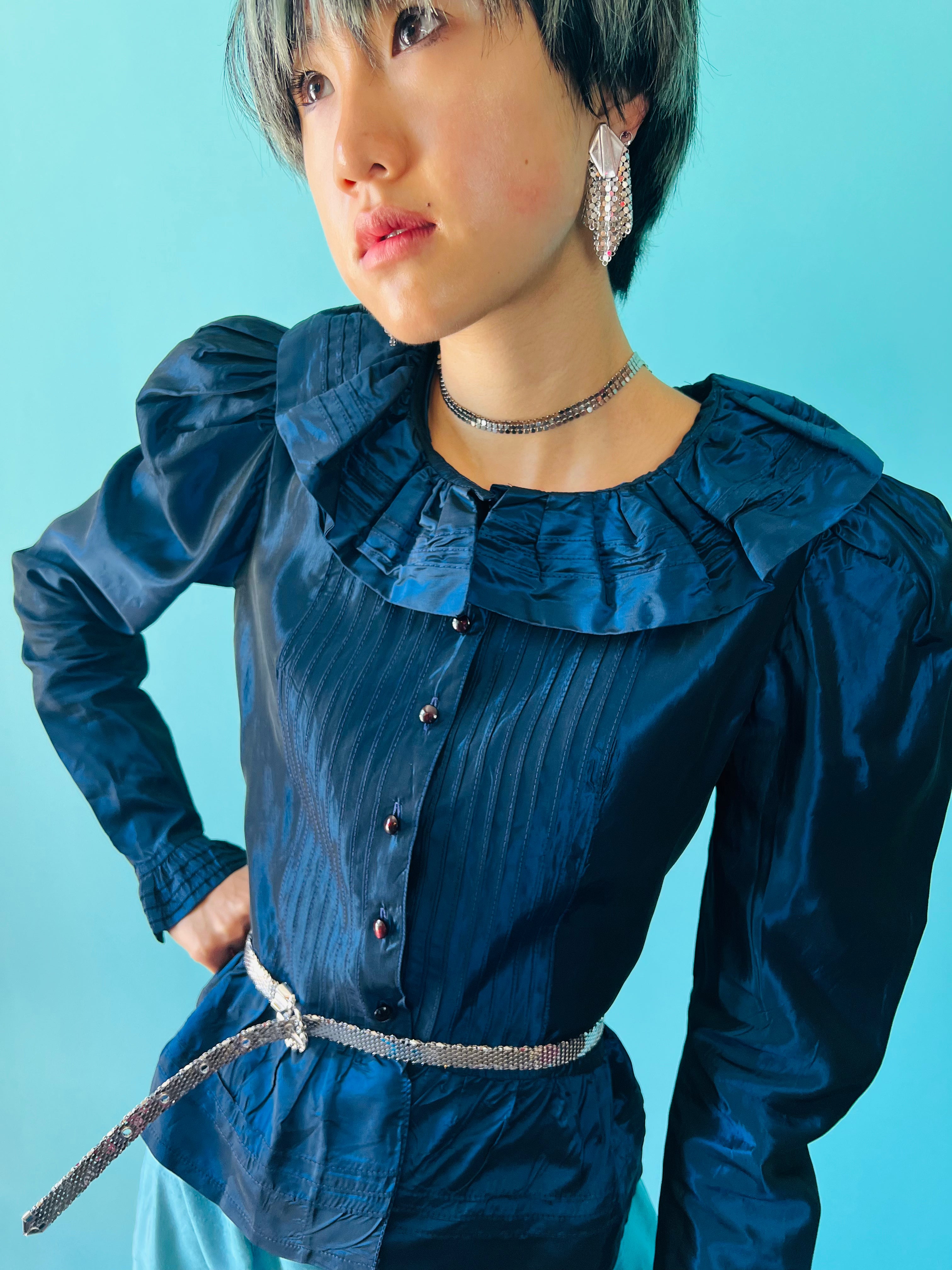Metallic Midnight Blue Laura Ashley Blouse — vintage 1980s Laura Ashley top in blue
