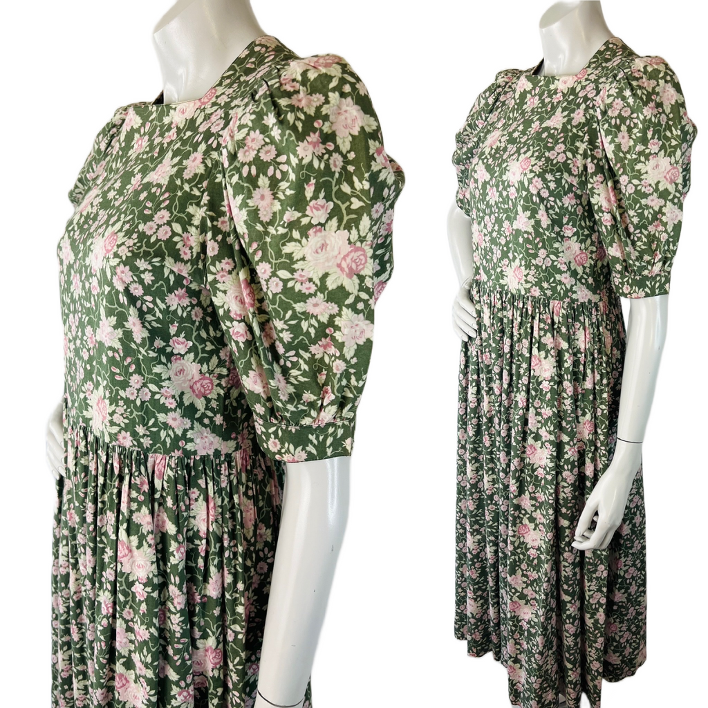Laura Ashley Sage Green Rose Print Puff Sleeve Floral Dress — vintage Laura Ashley dress in pink, green