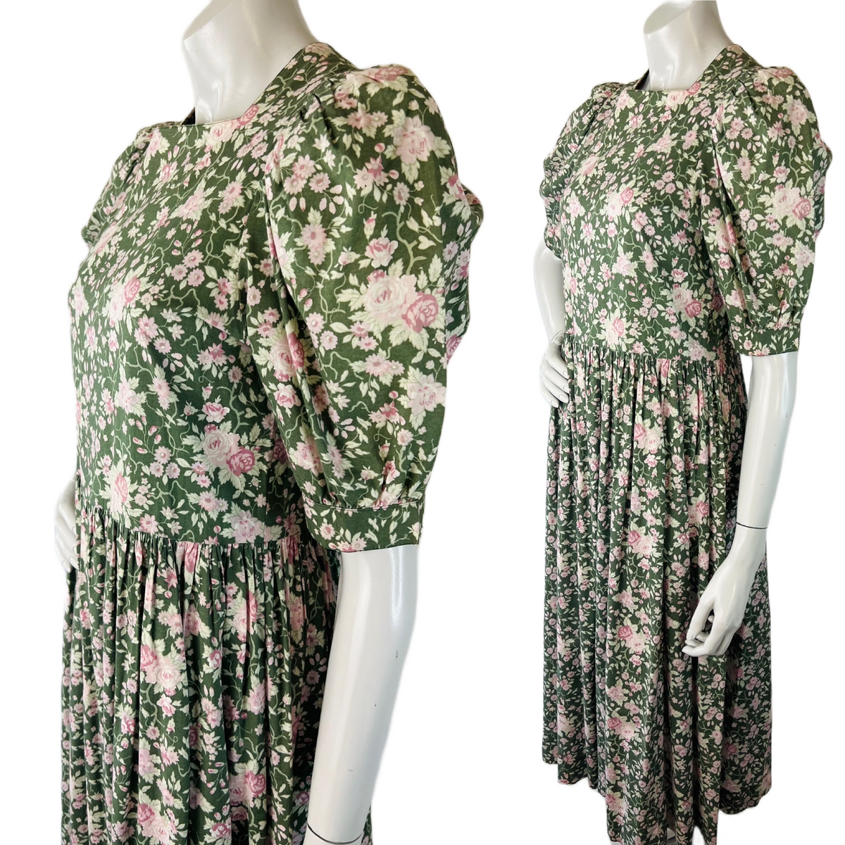 Laura Ashley Sage Green Rose Print Puff Sleeve Floral Dress — vintage Laura Ashley dress in pink, green