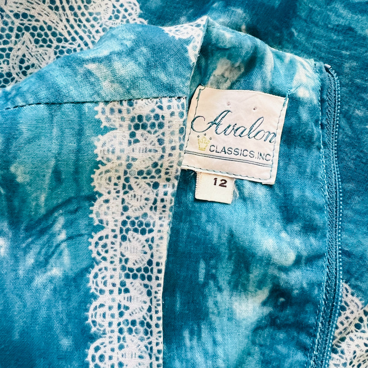 Blue & White Lace Print 60s/70s Maxi Dress — vintage 1960s Avalon Classics, Inc dress in white, blue