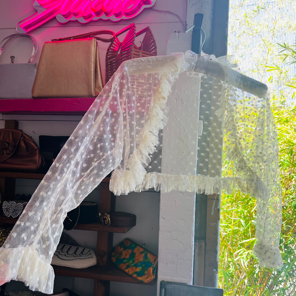 1930s Swiss Dot Mesh Lace Cropped Ruffle Jacket — vintage 1930s jacket in white, ivory