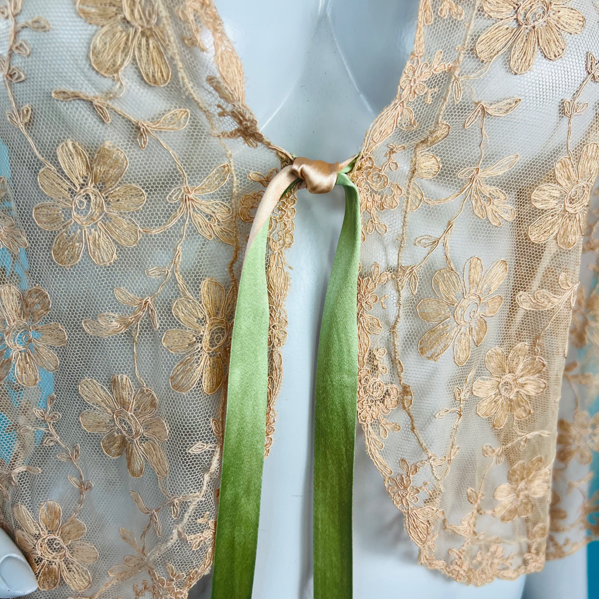 1930s Tea Dyed Floral Lace Sheer Jacket — vintage 1930s jacket in pink, green
