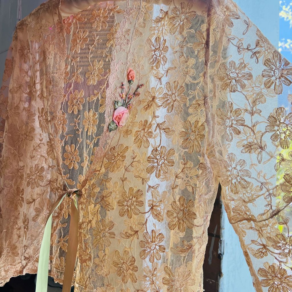 1930s Tea Dyed Floral Lace Sheer Jacket — vintage 1930s jacket in pink, green