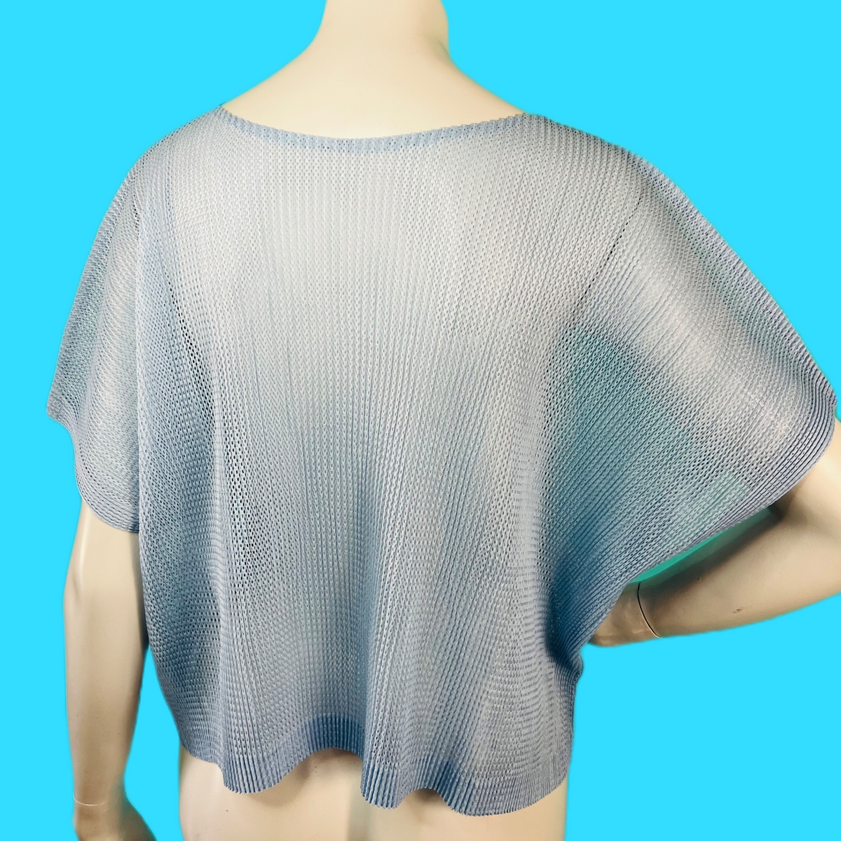 Issey Miyake Sky Blue Pleats Please Cropped Mesh Top — vintage Issey Miyake top in blue