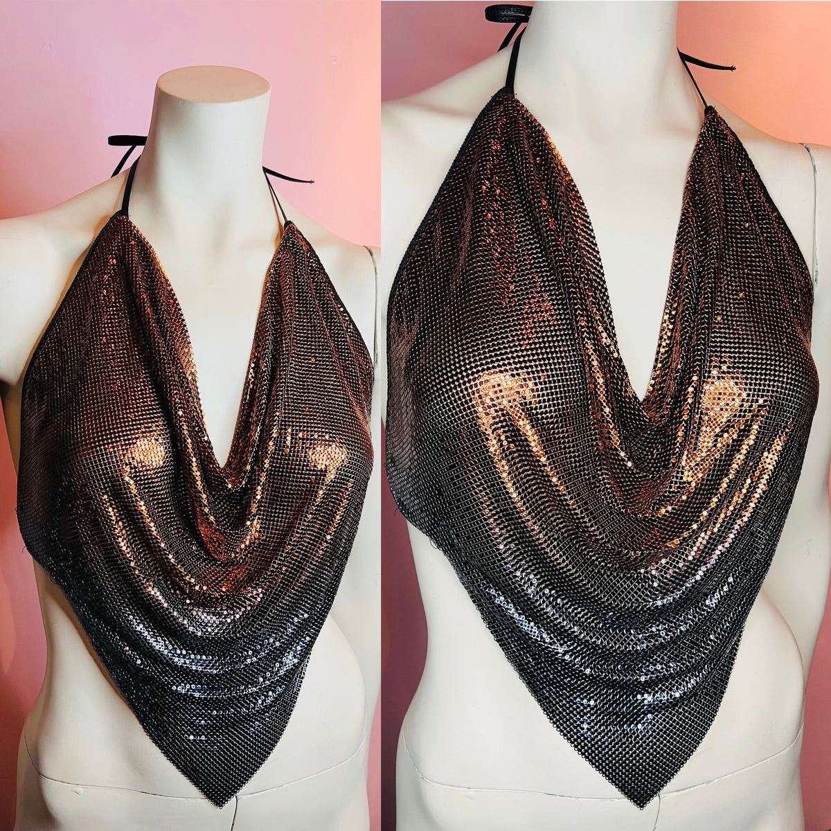 Ferrara Ombré Copper Gunmetal Mesh Halter Top — vintage Ferrara top in silver, brown