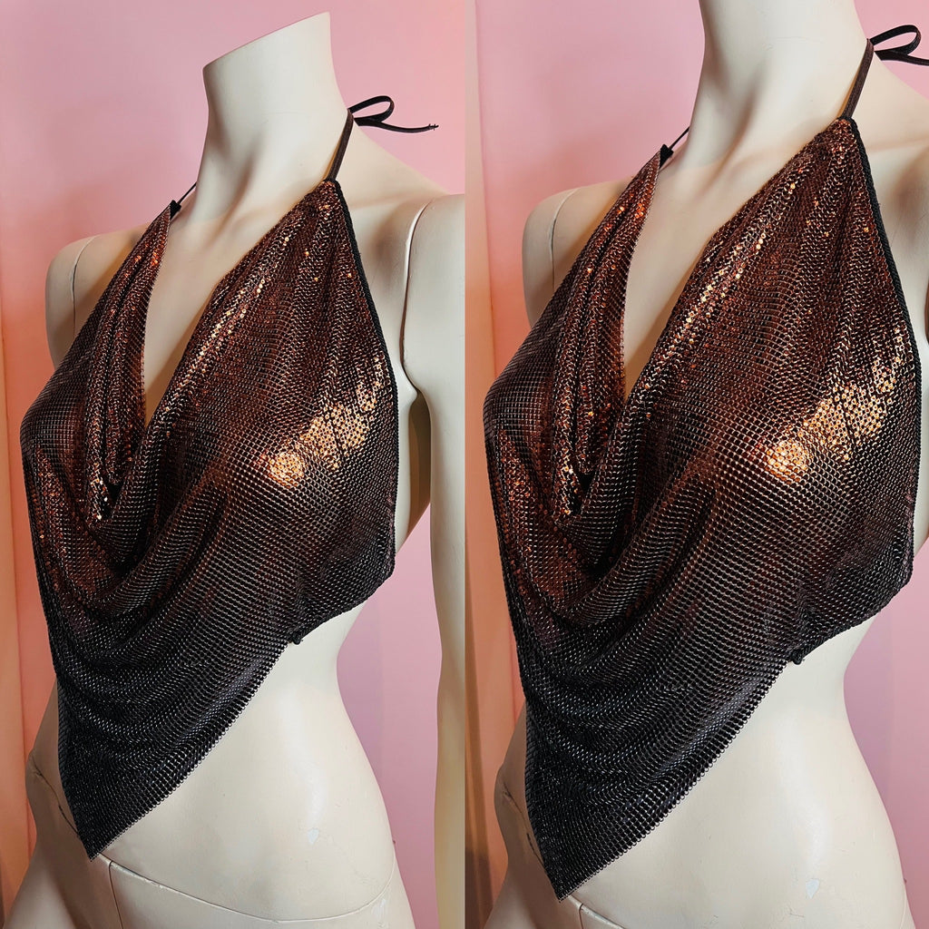 Ferrara Ombré Copper Gunmetal Mesh Halter Top — vintage Ferrara top in silver, brown