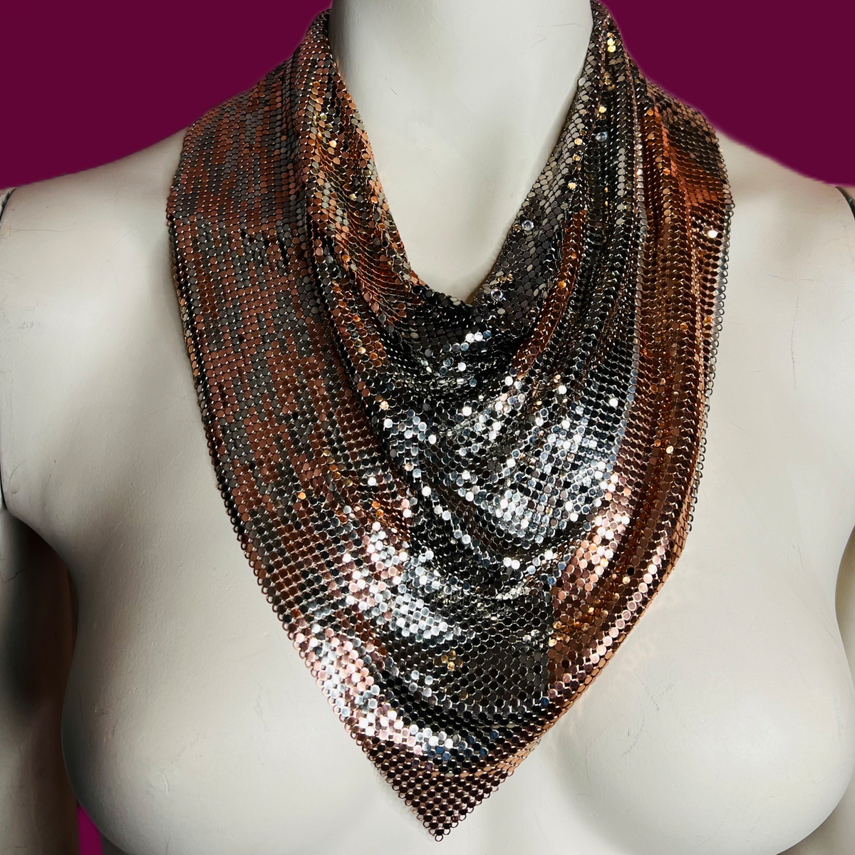 Ferrara Cowl Necklace in Copper and Gunmetal Mesh w Swarovski Crystals — vintage Ferrara jewellery in silver, brown