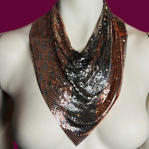 Ferrara Cowl Necklace in Copper and Gunmetal Mesh w Swarovski Crystals — vintage Ferrara jewellery in silver, brown