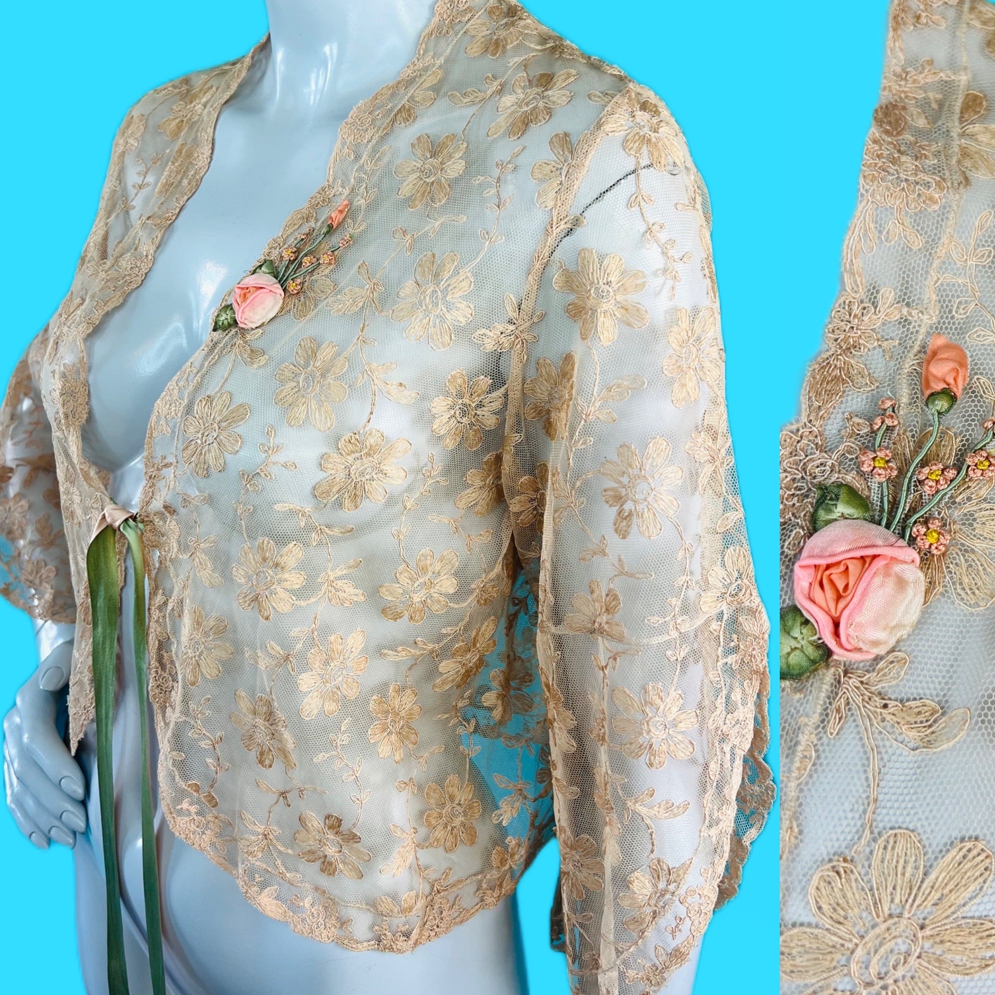1930s Tea Dyed Floral Lace Sheer Jacket — vintage 1930s jacket in pink, green
