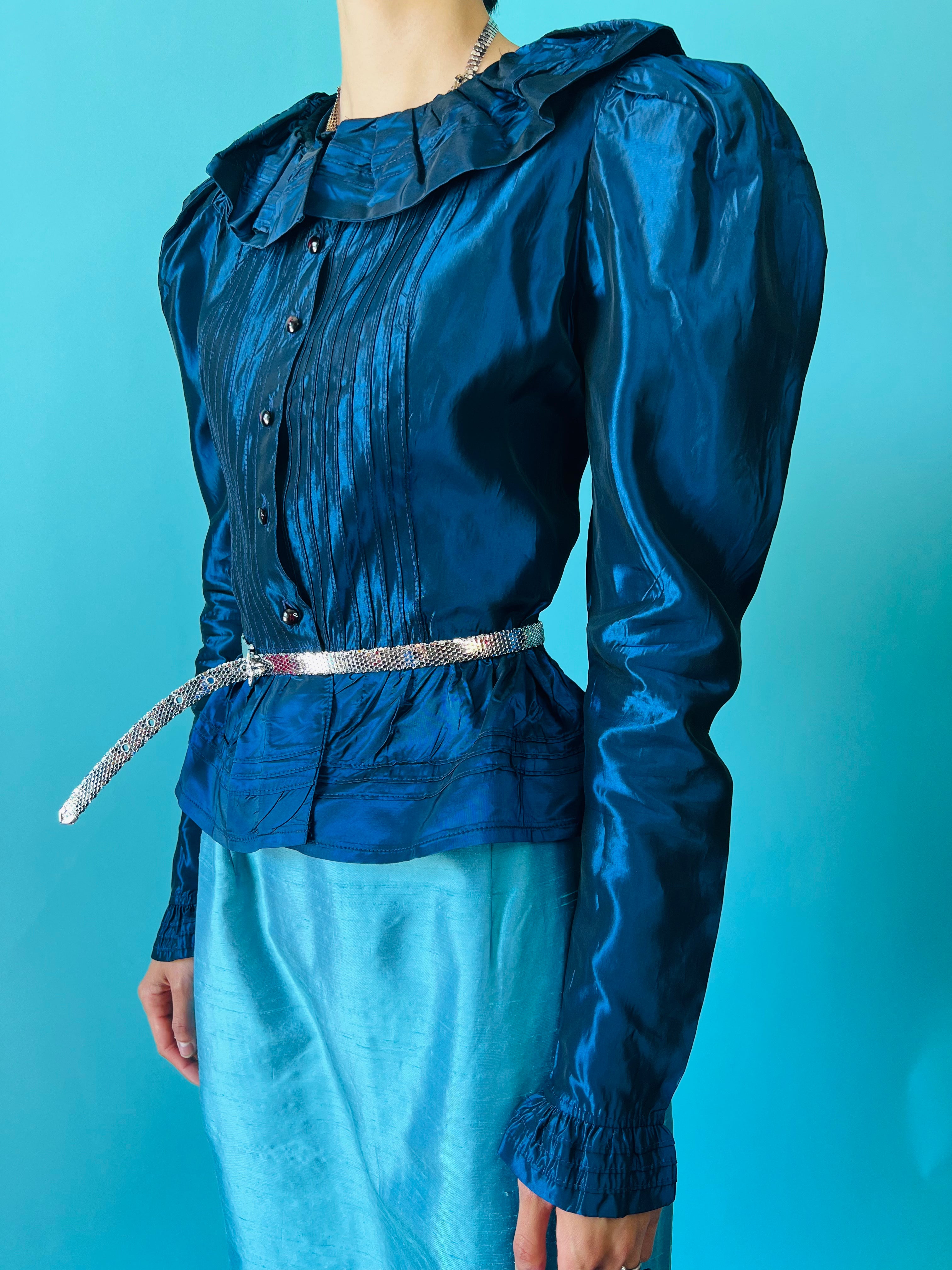 Metallic Midnight Blue Laura Ashley Blouse — vintage 1980s Laura Ashley top in blue