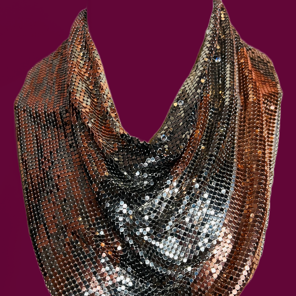 Ferrara Cowl Necklace in Copper and Gunmetal Mesh w Swarovski Crystals — vintage Ferrara jewellery in silver, brown