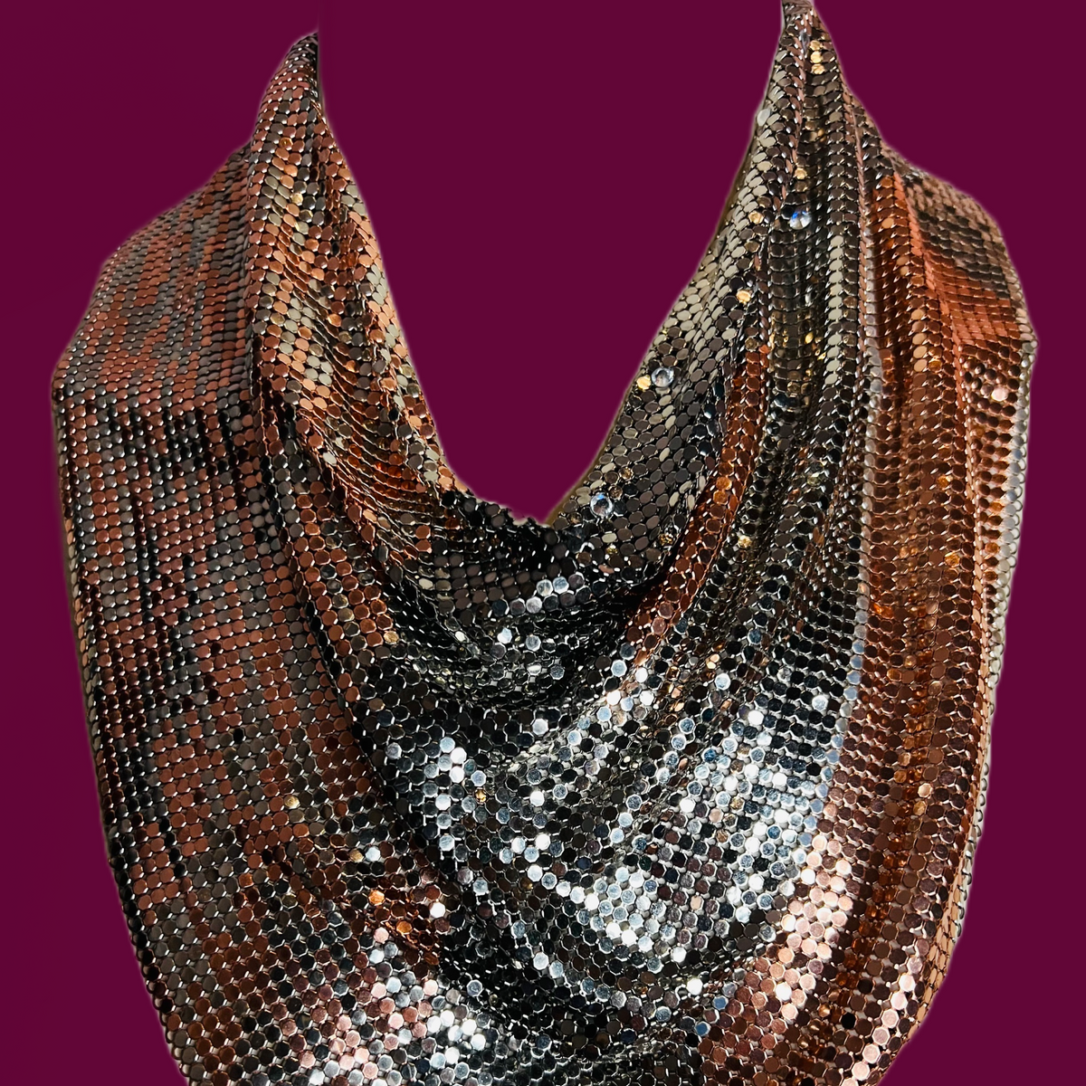 Ferrara Cowl Necklace in Copper and Gunmetal Mesh w Swarovski Crystals — vintage Ferrara jewellery in silver, brown
