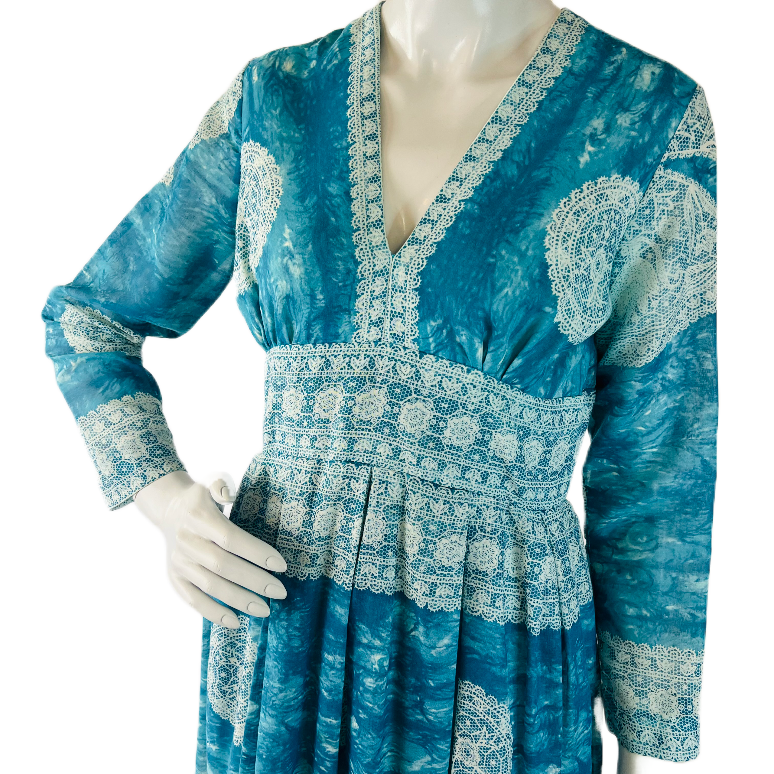 Blue & White Lace Print 60s/70s Maxi Dress — vintage 1960s Avalon Classics, Inc dress in white, blue
