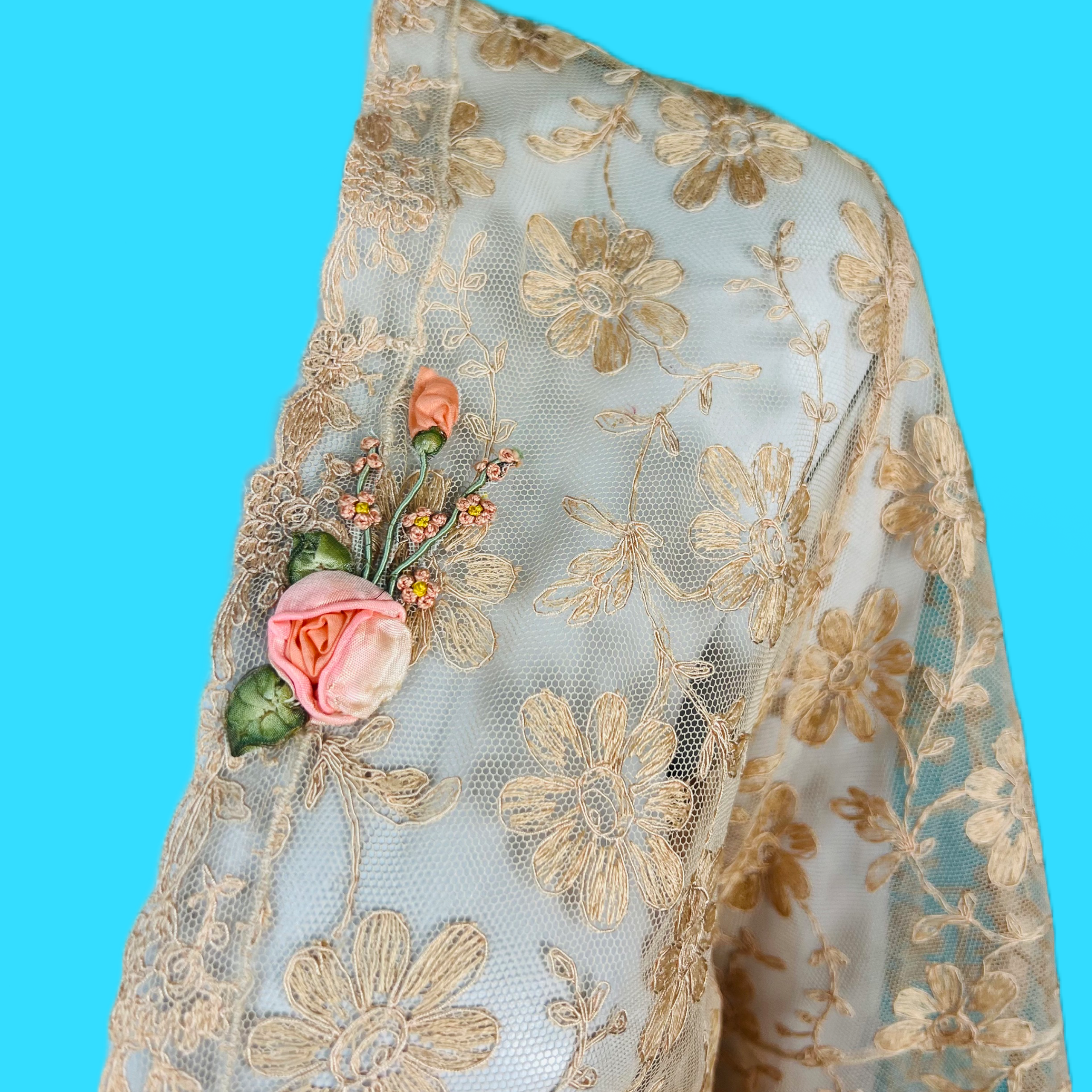 1930s Tea Dyed Floral Lace Sheer Jacket — vintage 1930s jacket in pink, green