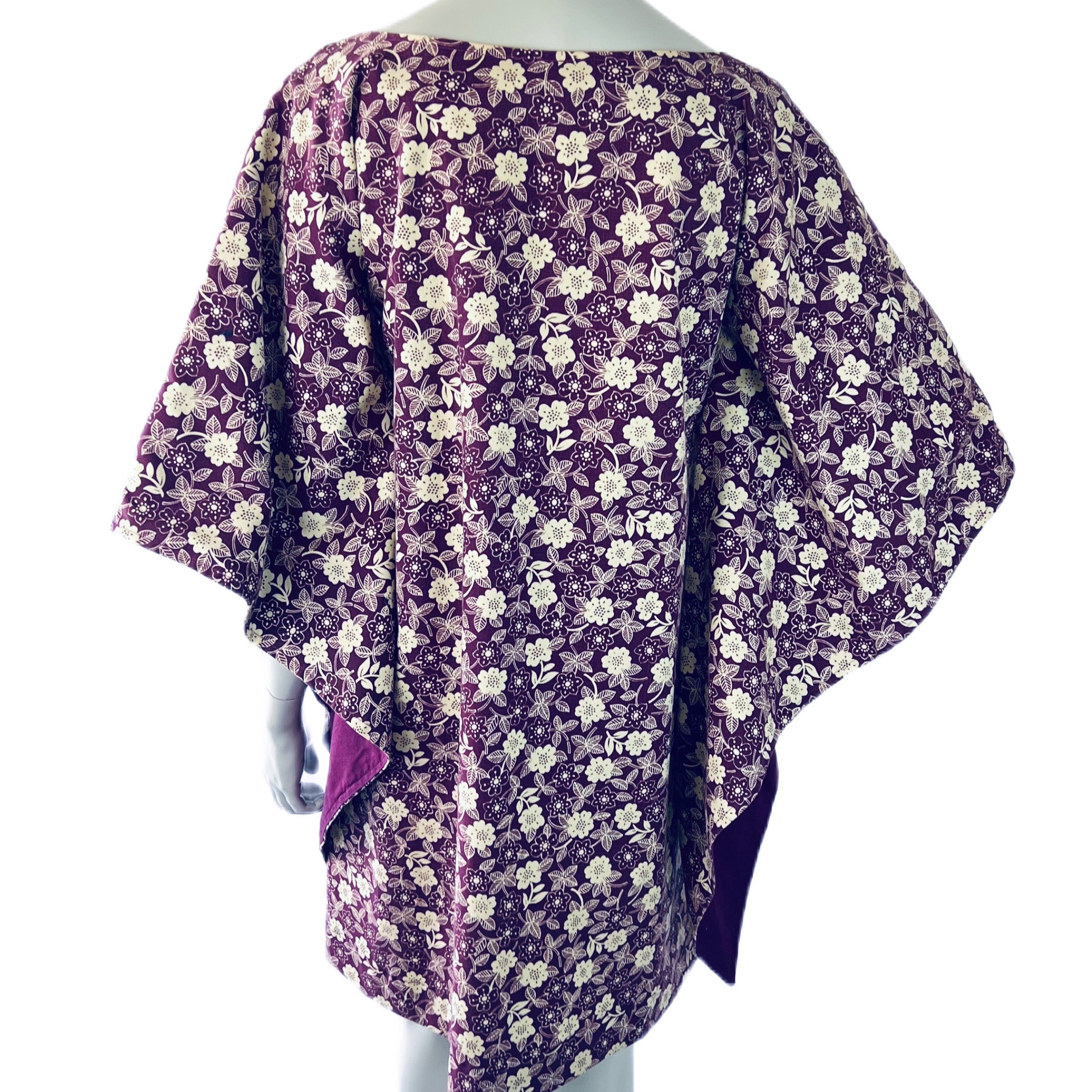 Purple & White Floral 60s/70s Angel Sleeve Dress — vintage 1960s dress in white, purple