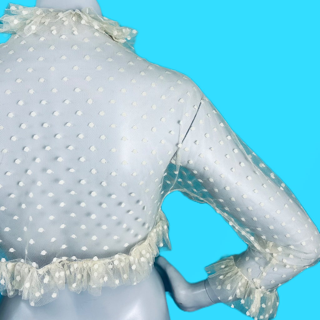 1930s Swiss Dot Mesh Lace Cropped Ruffle Jacket — vintage 1930s jacket in white, ivory