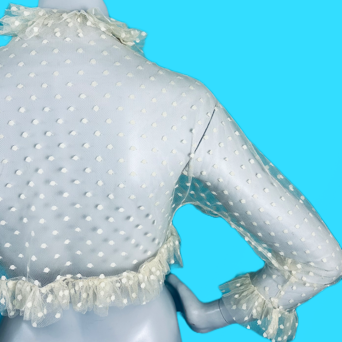 1930s Swiss Dot Mesh Lace Cropped Ruffle Jacket — vintage 1930s jacket in white, ivory