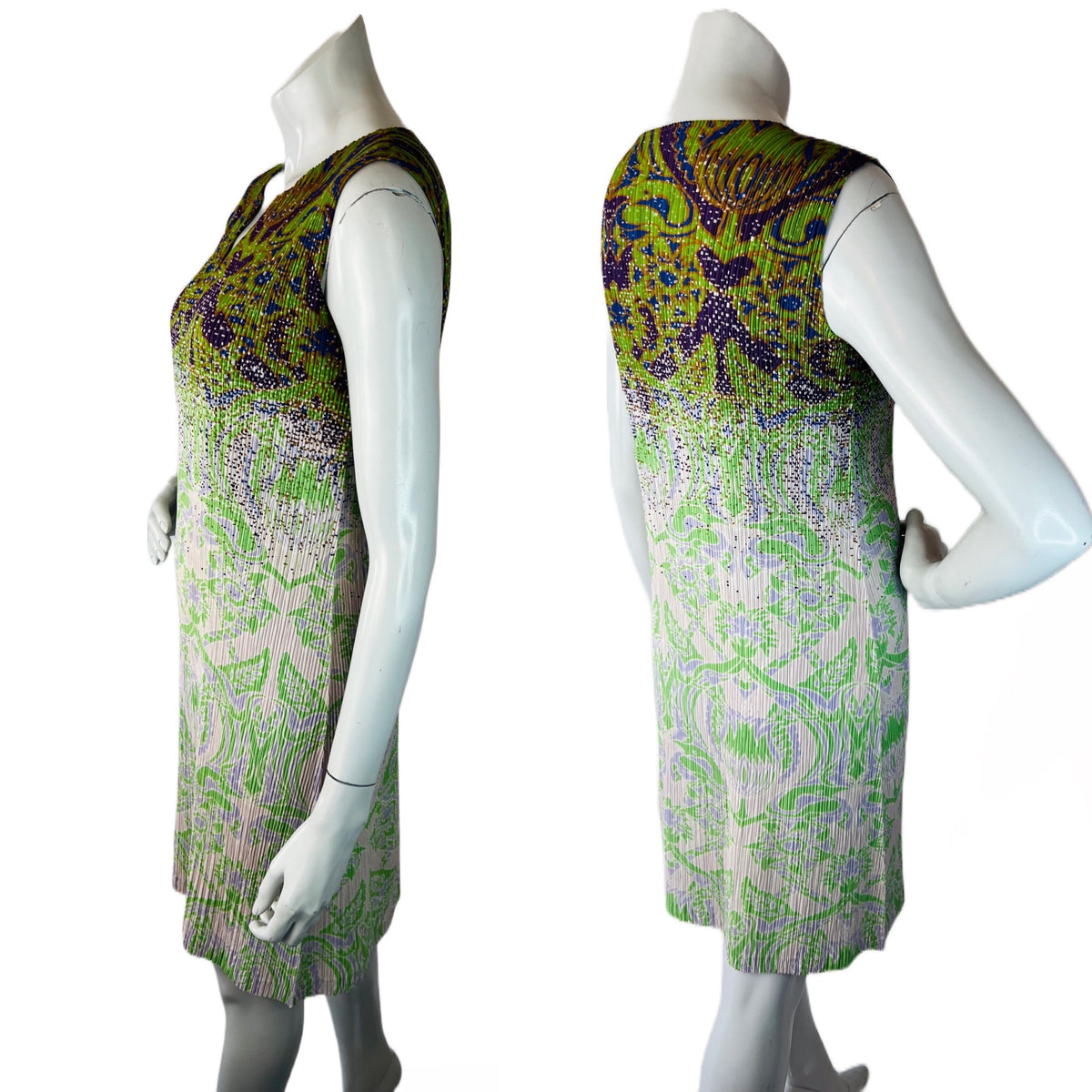 Issey Miyake Art Nouveau Print Pleated Dress — vintage Issey Miyake dress in green, purple