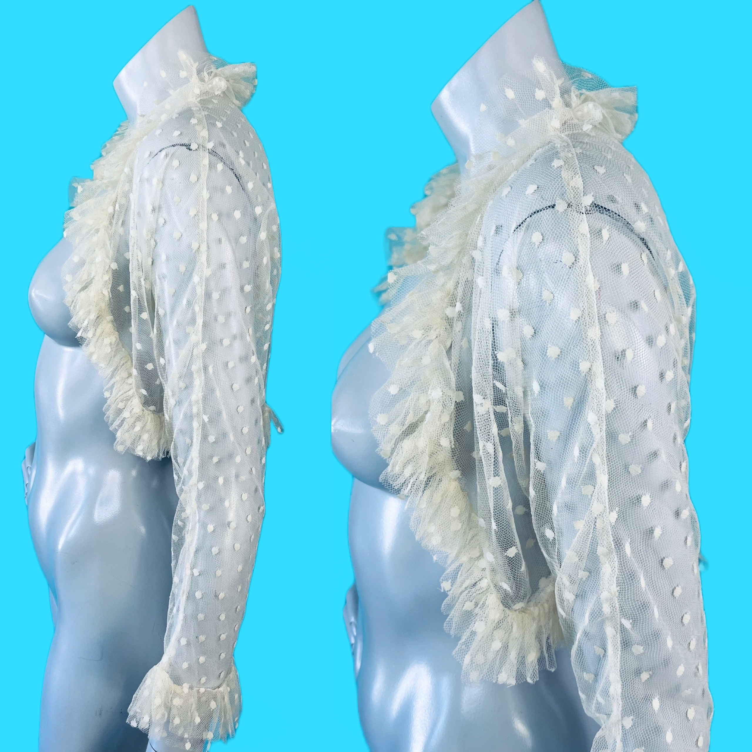 1930s Swiss Dot Mesh Lace Cropped Ruffle Jacket — vintage 1930s jacket in white, ivory