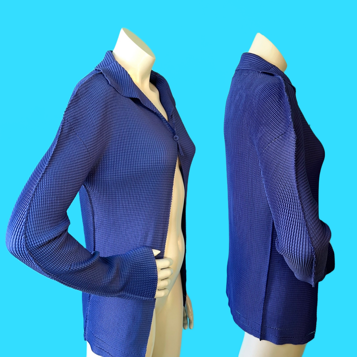 Issey Miyake Sculptural Indigo Blue Mini Duster Mesh Pleated Jacket — vintage Issey Miyake jacket in blue