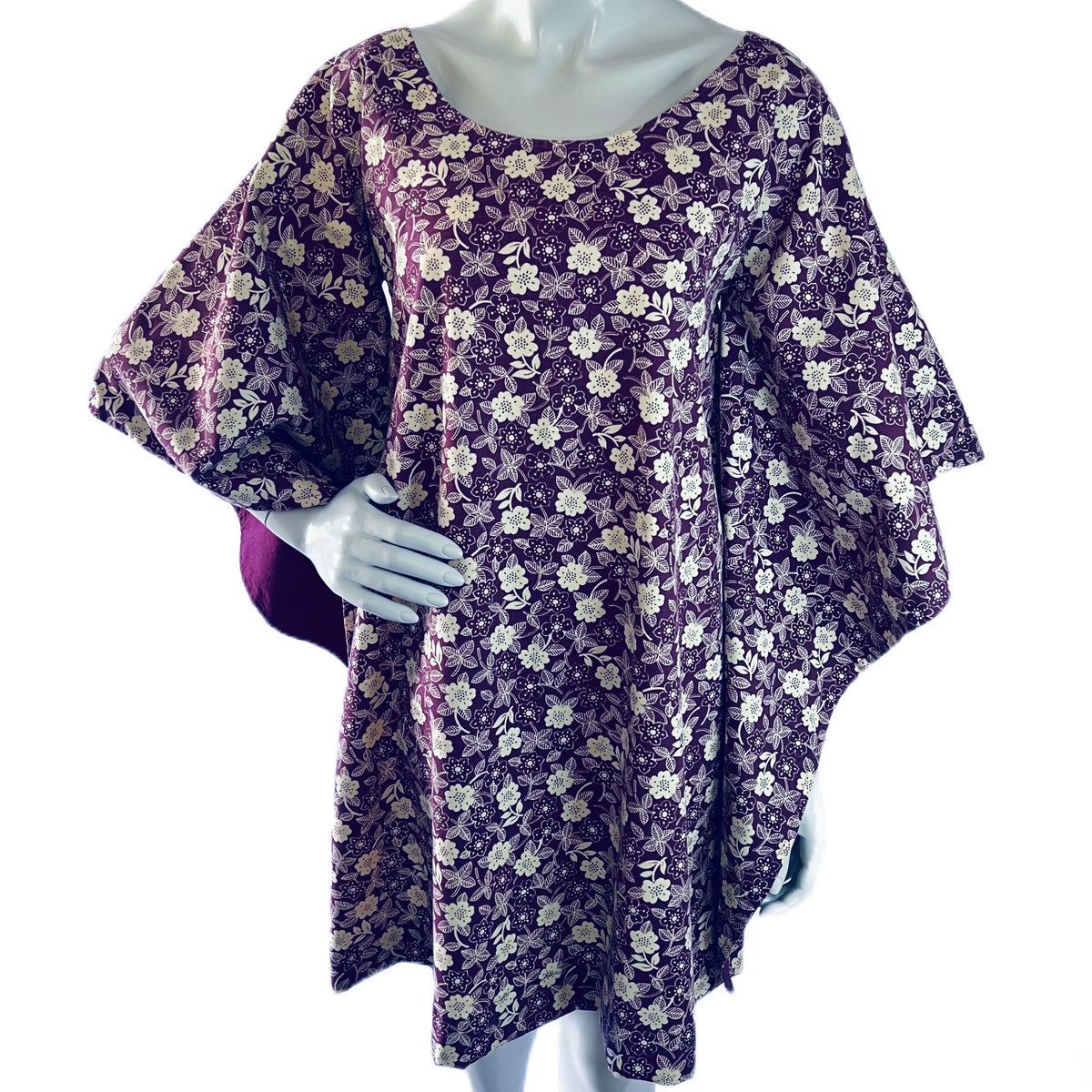 Purple & White Floral 60s/70s Angel Sleeve Dress — vintage 1960s dress in white, purple