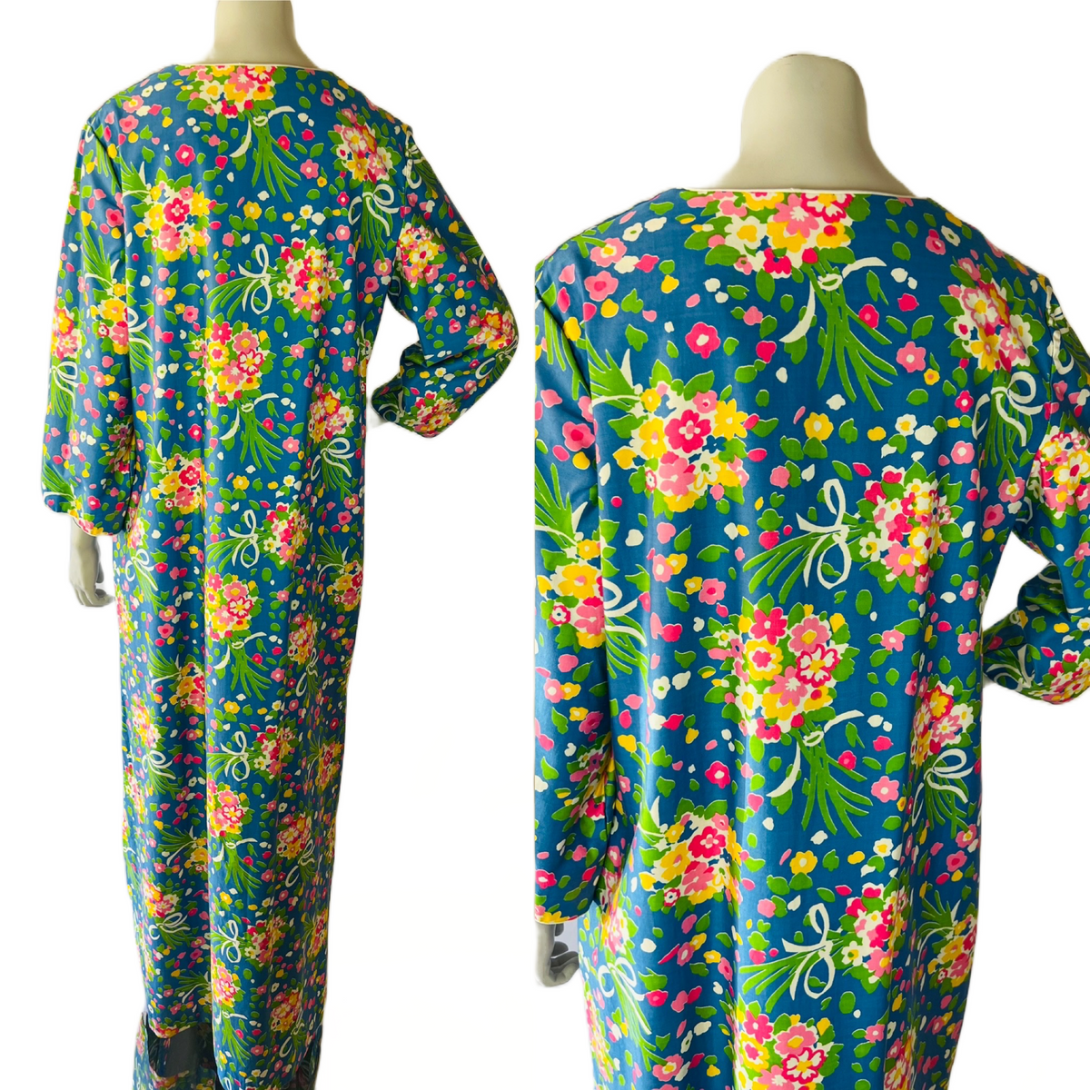 60s/70s Polished Cotton Flower Bouquet Print Zip Up Caftan — vintage 1960s Gerry caftan in white, blue
