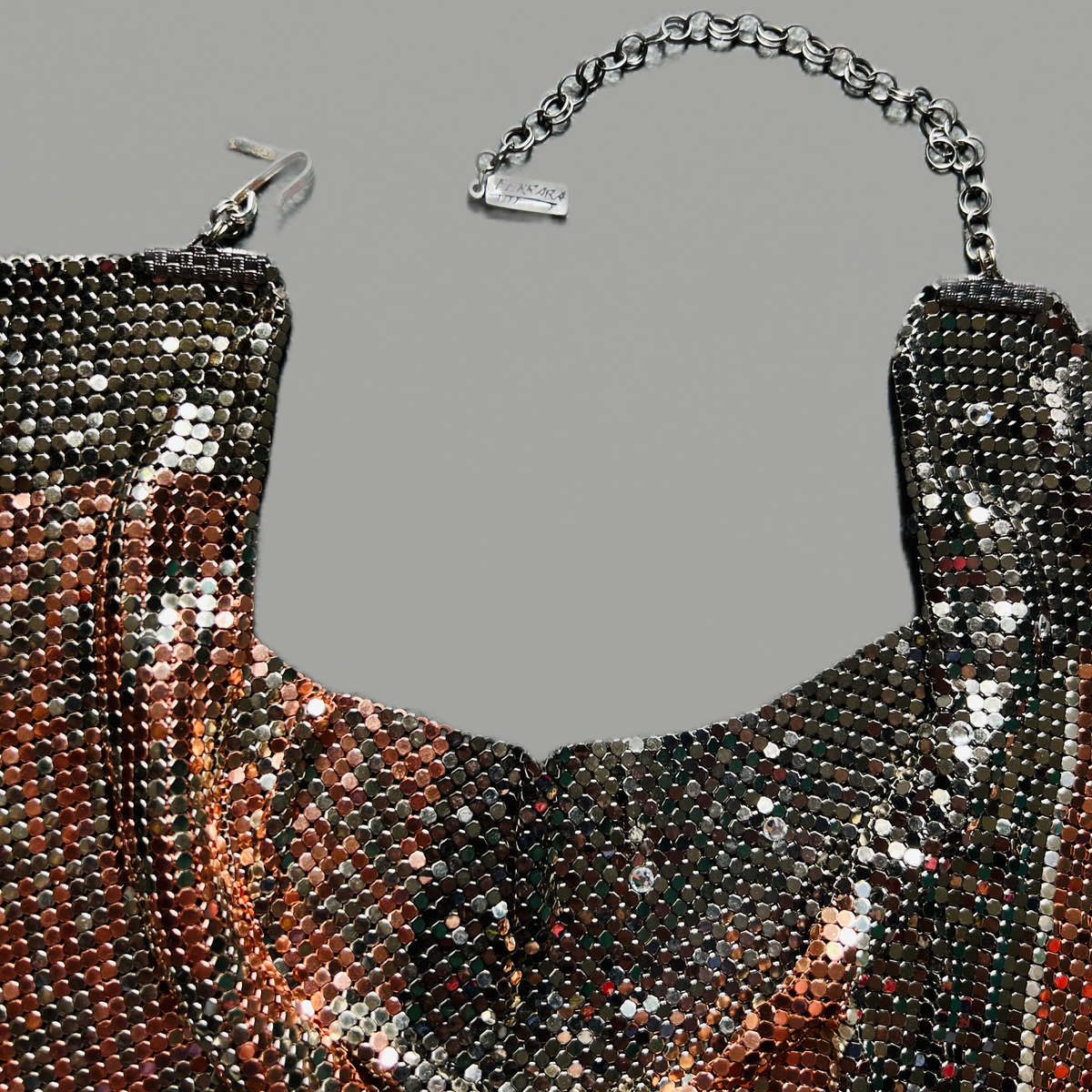 Ferrara Cowl Necklace in Copper and Gunmetal Mesh w Swarovski Crystals — vintage Ferrara jewellery in silver, brown